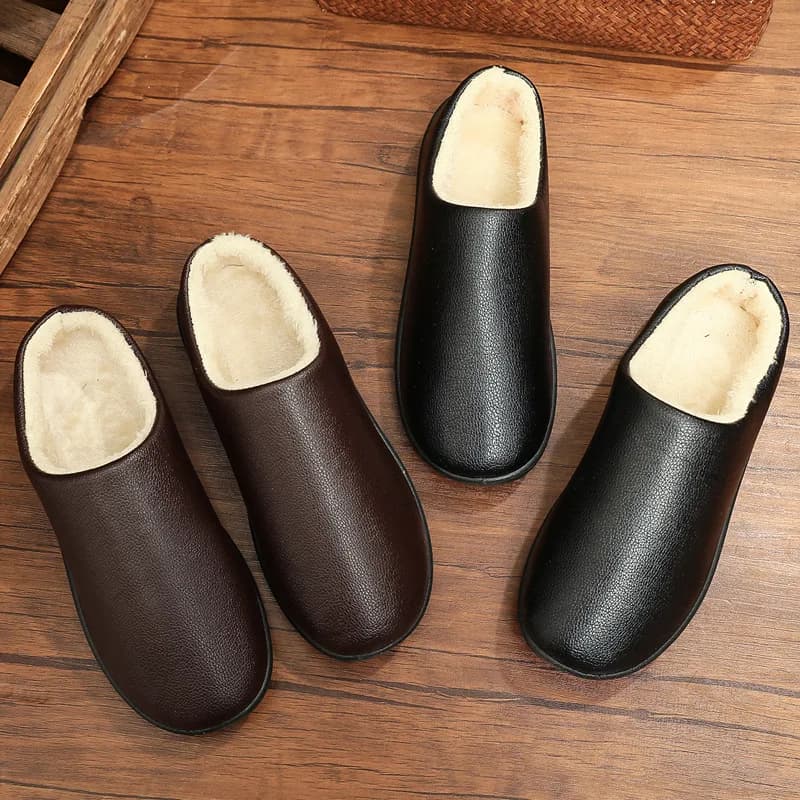 Men's soft non-slip cotton sole leather Slippers for winter plush house Warm casual shoes in velvet Black Slippers