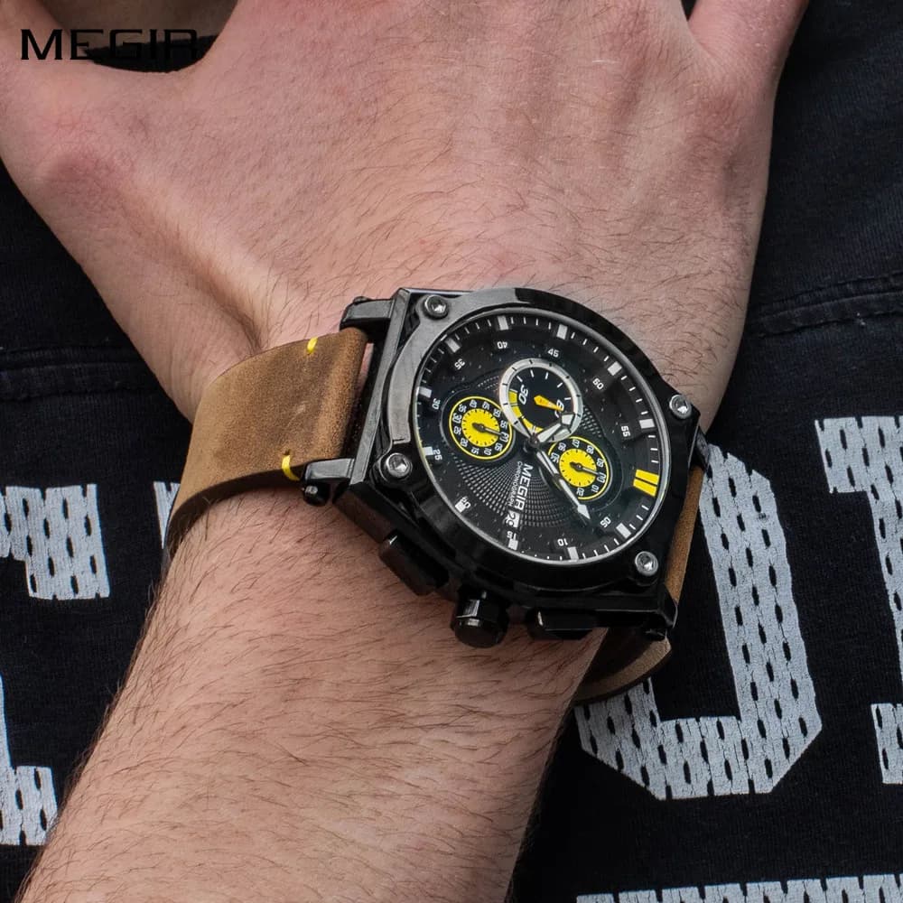 MEGIR Luxury Quartz Men's Watch Multifunction Leather Strap Sports Chronograph Waterproof Wrist Watch Relogio Masculino 2098