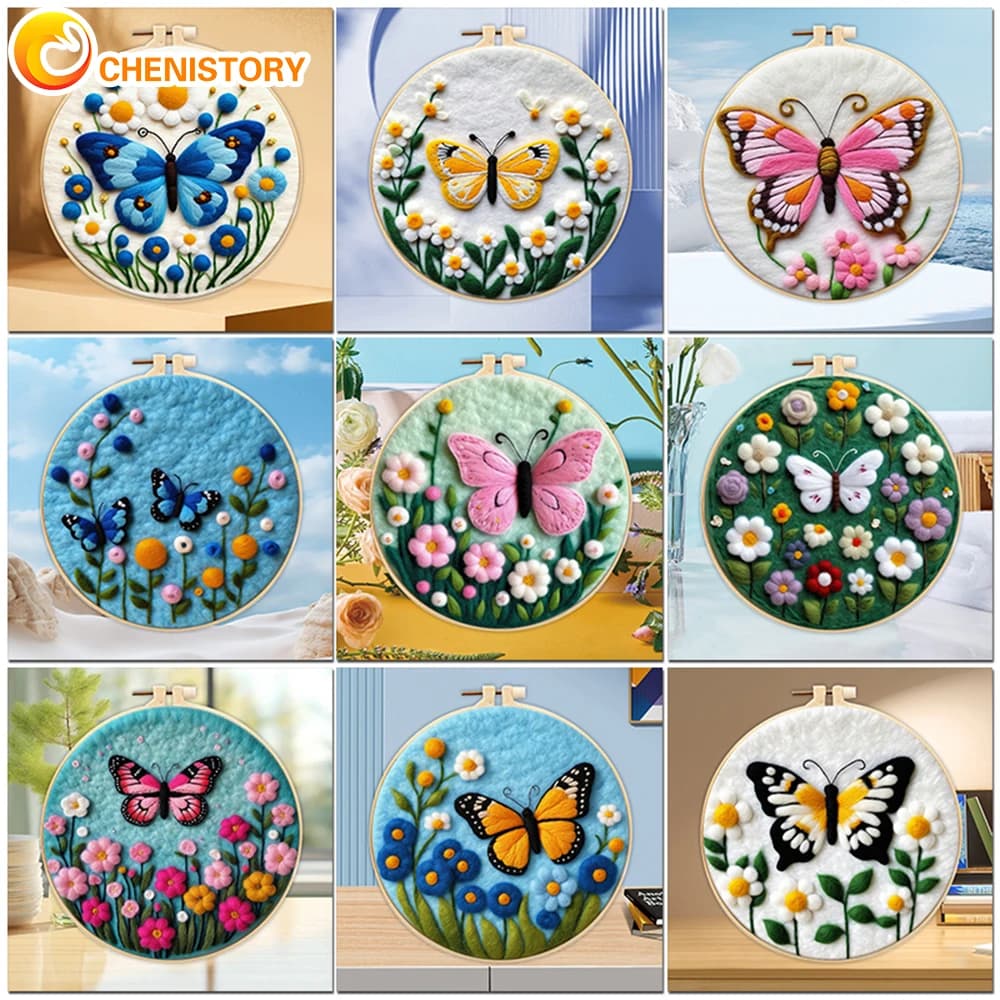 CHENISTORY cornice 20x20cm con pacchetto di feltro di lana Kit di pittura per infeltrimento ad ago a farfalla per principianti dipinti di lana regalo unico