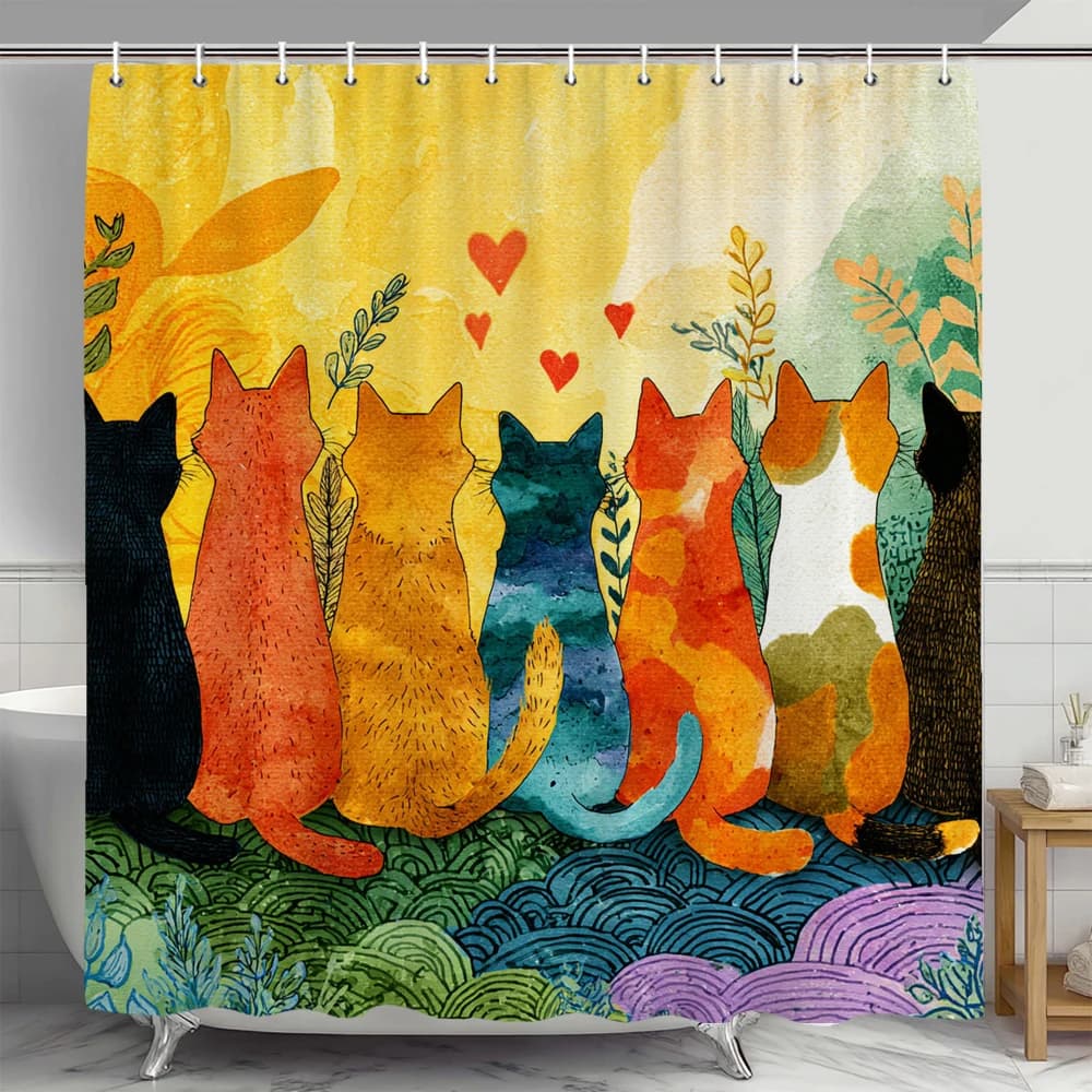 Tenda da doccia con gattino colorato acquerello, tenda da doccia decorativa per il bagno, tenda per la casa in tessuto stampato con ganci