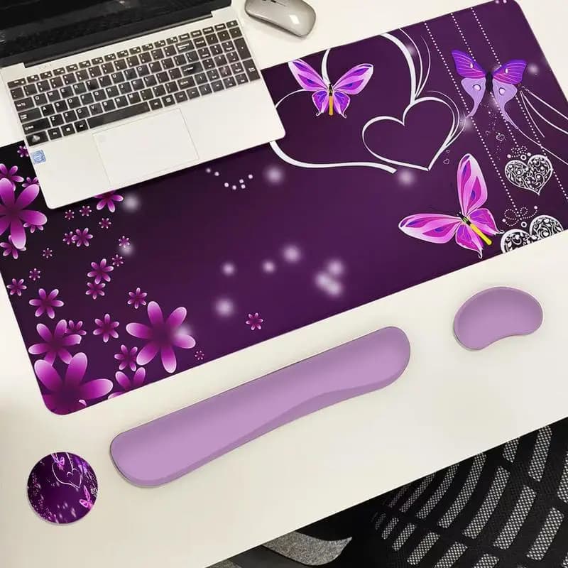 Set Tappetino per Mouse con Design Artistico Astratto Viola 4-in-1, Tappetino per Tastiera con Poggiapolsi, Set di Sottobicchieri Ergonomici per Ufficio e Casa