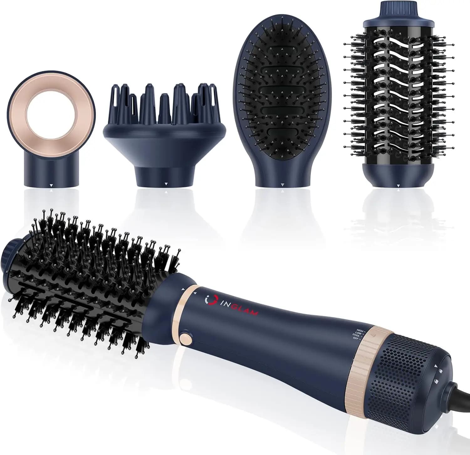 Set Spazzola Asciugacapelli 4 in 1, Styler Scomponibile con 2 Testine, Ioni Negativi, Blu Prussia