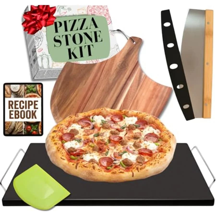 Pietra per Pizza in Ceramica Antiaderente Facile da Pulire - Pietre per Pizza da Griglia con Manici, Pala per Pizza, Tagliapizza, Utensile per Impasto - Per la Cottura del Pane