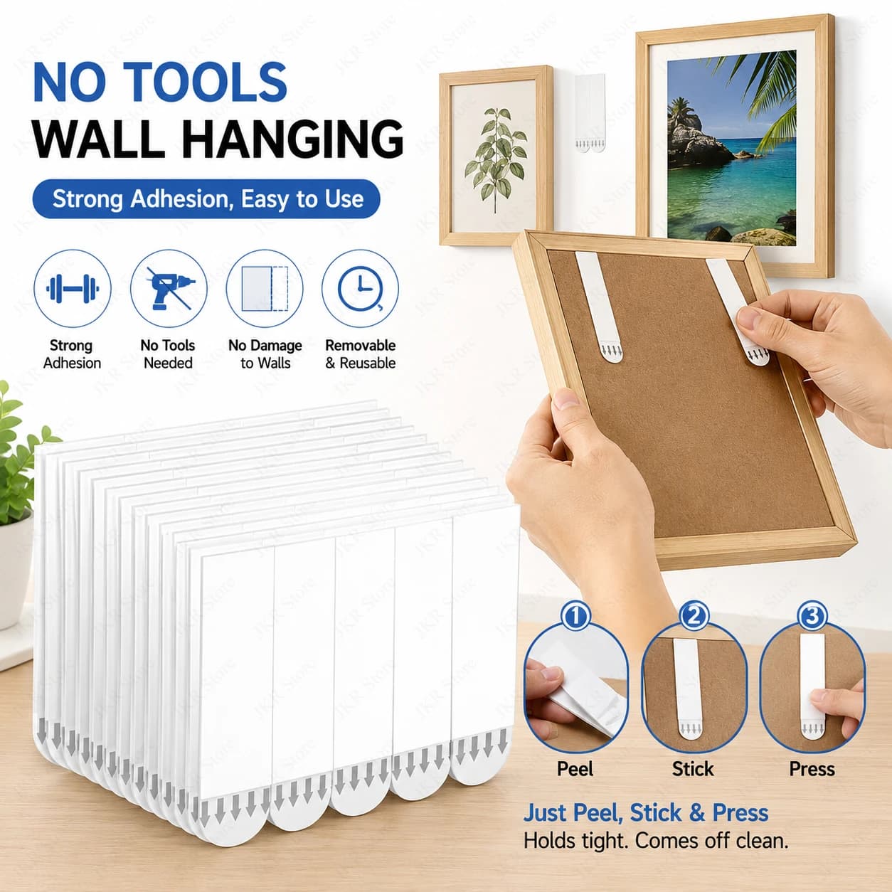 Picture Frame Mounting Tape Strips Self Adhesive Punch Free Fixing Pads for Poster Wall Hook Home Decor Office Hanger Use