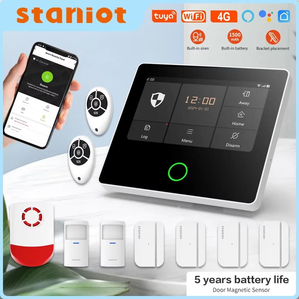 Staniot WiFi 4G Sistema di allarme di sicurezza wireless Sirena più forte incorporata Kit antifurto Tuya Smart Home con sensore di contatto da 5 anni