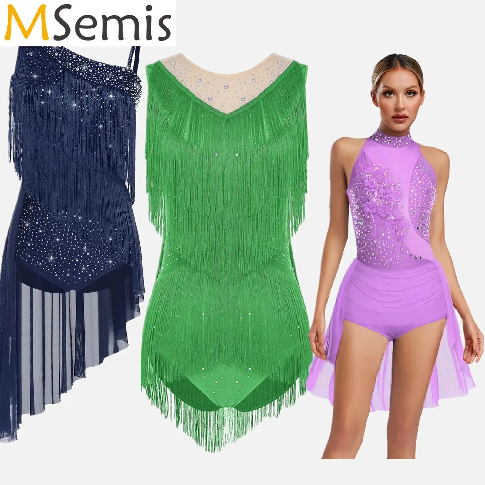 Costume da pattinaggio di figura per ginnastica con strass scintillanti da donna, body da ballo con applicazioni, body con gonna, abiti da ballo latino Chacha