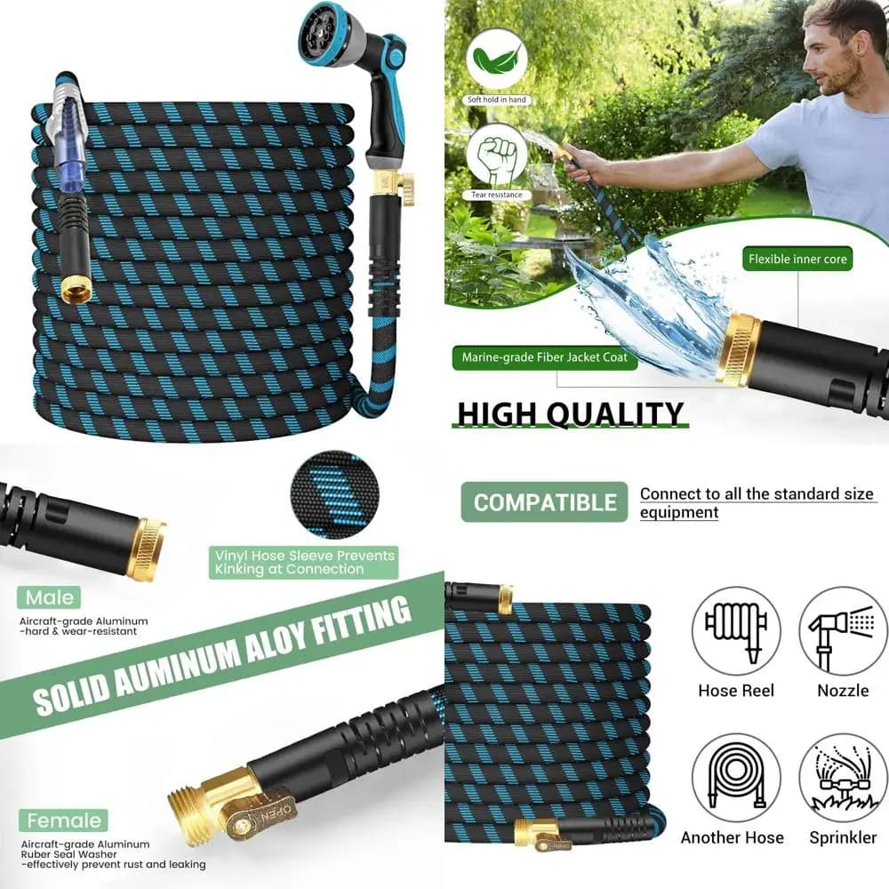 200-foot flexible garden hose with 10 model spray nozzle, lightweight, without folds, leak proof, ideal to last