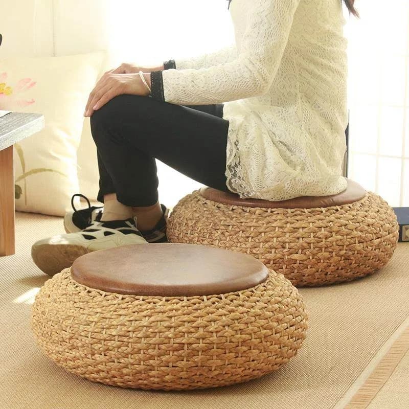 Round Woven Rattan Floor Cushion Thickened Meditation Pouf Comfort Seat Pad for Balcony Tatami Indoor Use