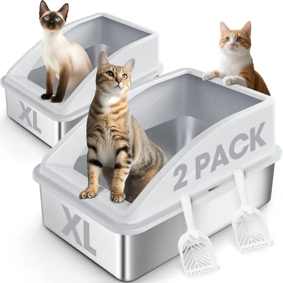Lettiera per Gatti XL in Acciaio Inossidabile con Coperchio, per Gatti Grandi e Multi-Gatti, con Bordi Alti, Anti-Perdita di Urina