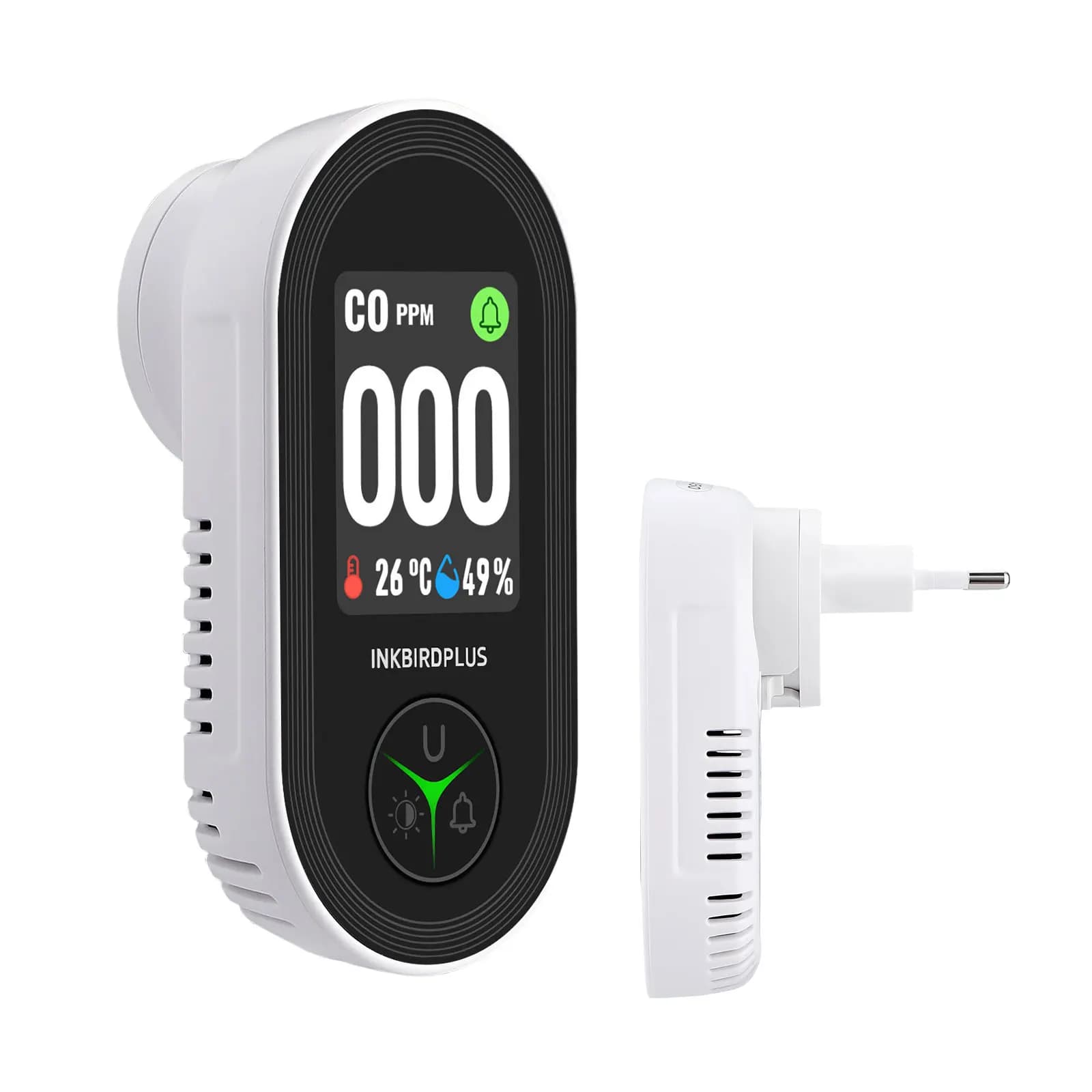 INKBIRD Rilevatore di monossido di carbonio aggiornato Rilevatore di CO da parete plug-in 3 in 1 con indicatore Allarme visivo e acustico Spina UE