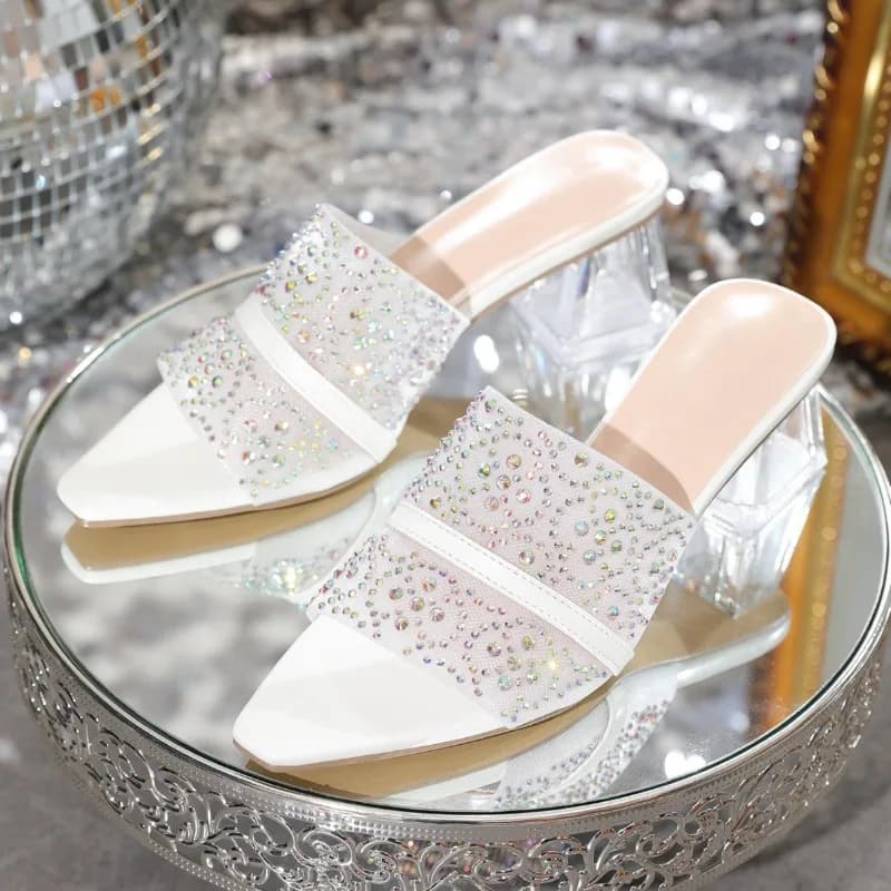 Luxury Rhinestone Transparent Heel Women's Sandals Crystal Thick Heel Women's Pumps and Heels Elegant Banquet Women's Slippers