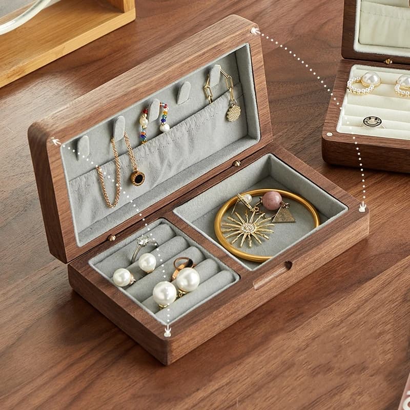 Jewelry Organizer in Flannel Portable Storage Box Luxurious Walnut Black Vintage Necklace Earrings Pure Wood Travel Ring