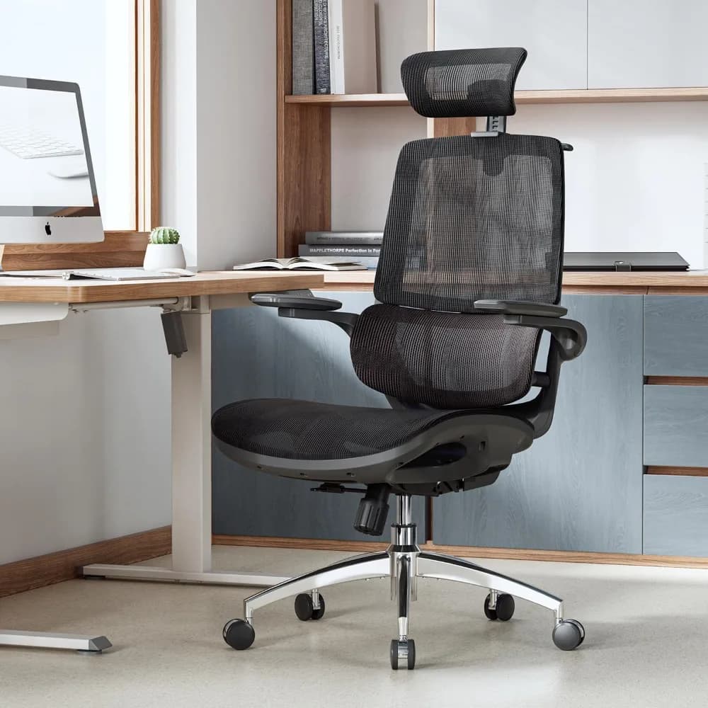 Sedia da Ufficio Ergonomica con Braccioli 3D Ribaltabili, Sedia per Computer con Design a Doppio Schienale e Supporto Lombare Dinamico Adattivo