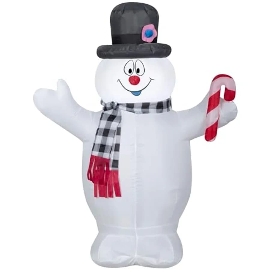 Decorazione gonfiabile natalizia da esterno Airblown Frosty con sciarpa scozzese e bastoncino di zucchero, in PVC, bianco e rosso, leggera.