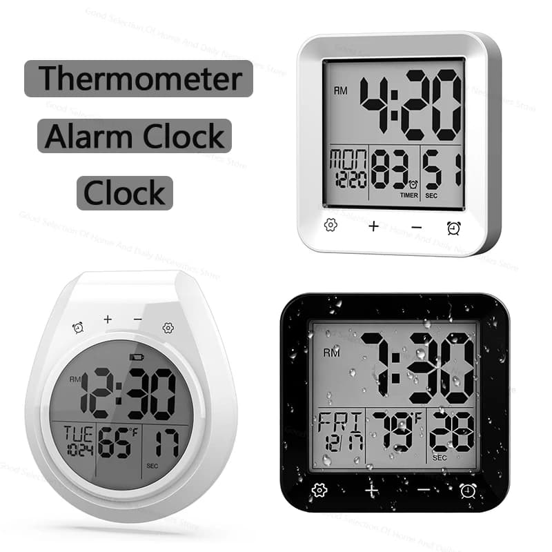 Waterproof Minimalist Bath Clock with Thermometer, Timer, Calendar and Alarm Clock with Suction cup
