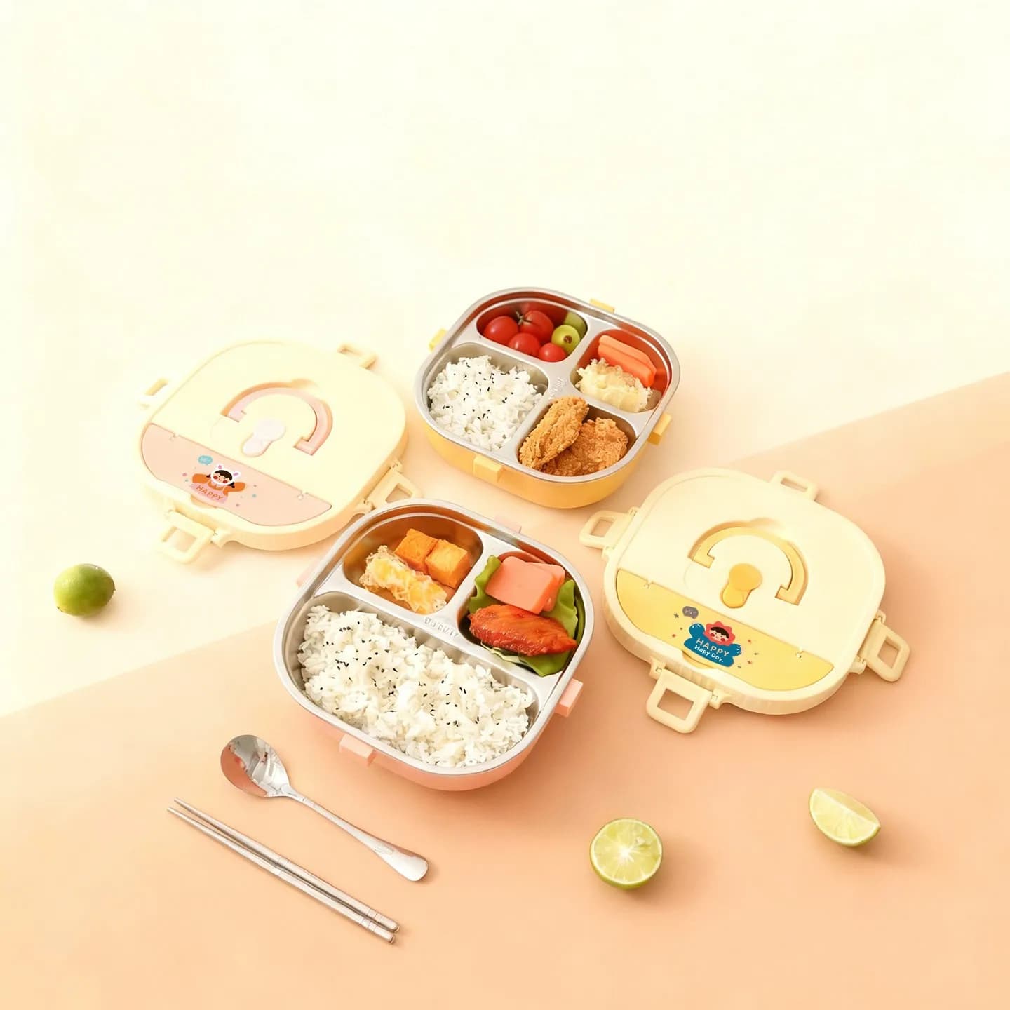 304 3/4 Stainless Steel Sealed Food Container, Square Bento Lunch Door Divided with Cutlery, Microwave