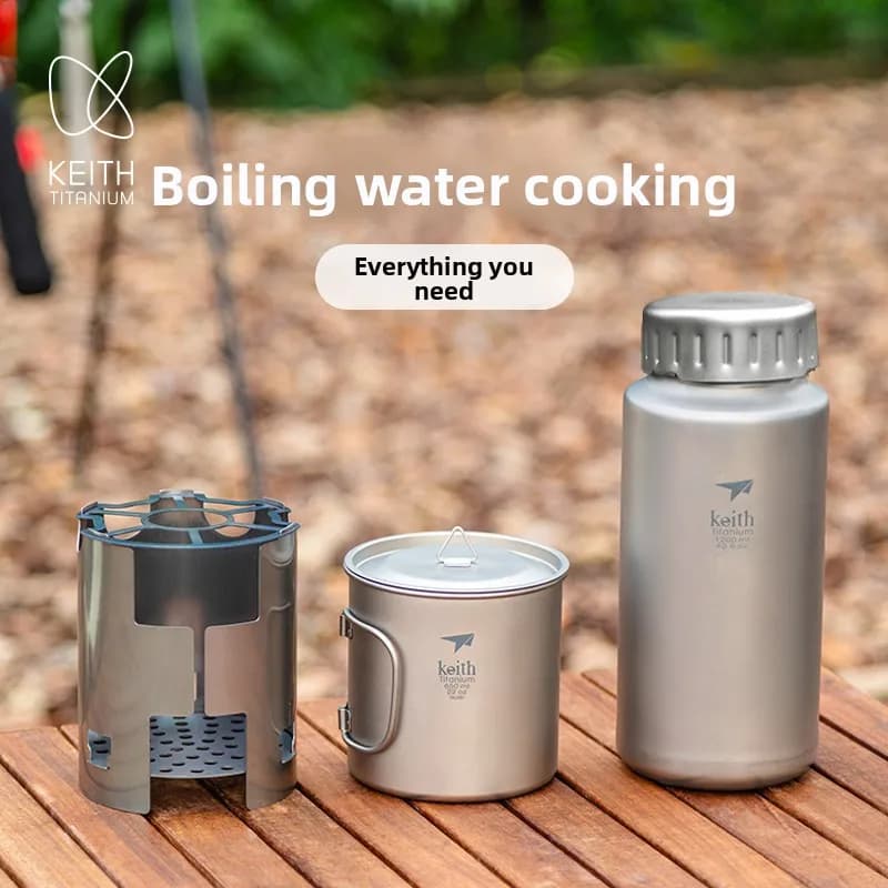 KEITH titanium camping set - Ultralight titanium bottle without plastic and wood stove with canvas bag