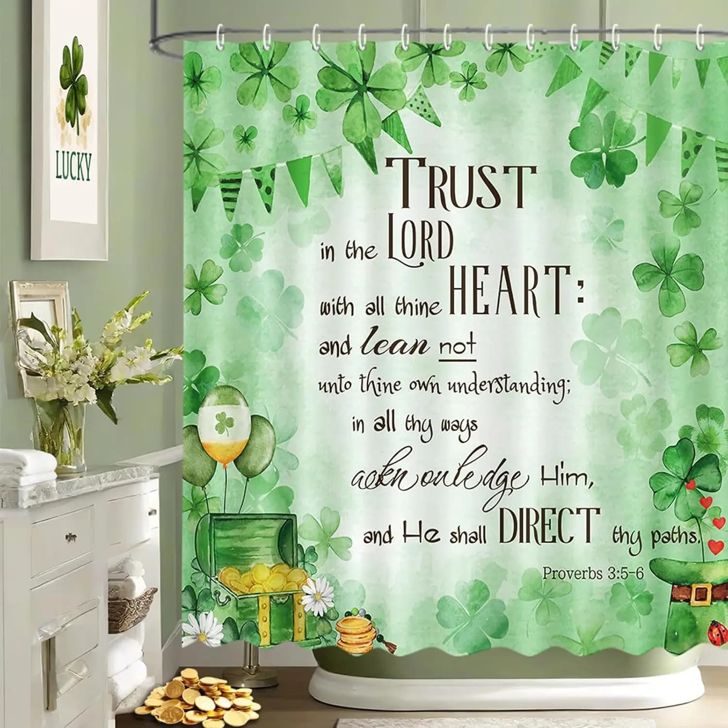 Tenda da doccia Shamrock per il Giorno di San Patrizio, con stampa di trifoglio verde e versetto biblico per il bagno