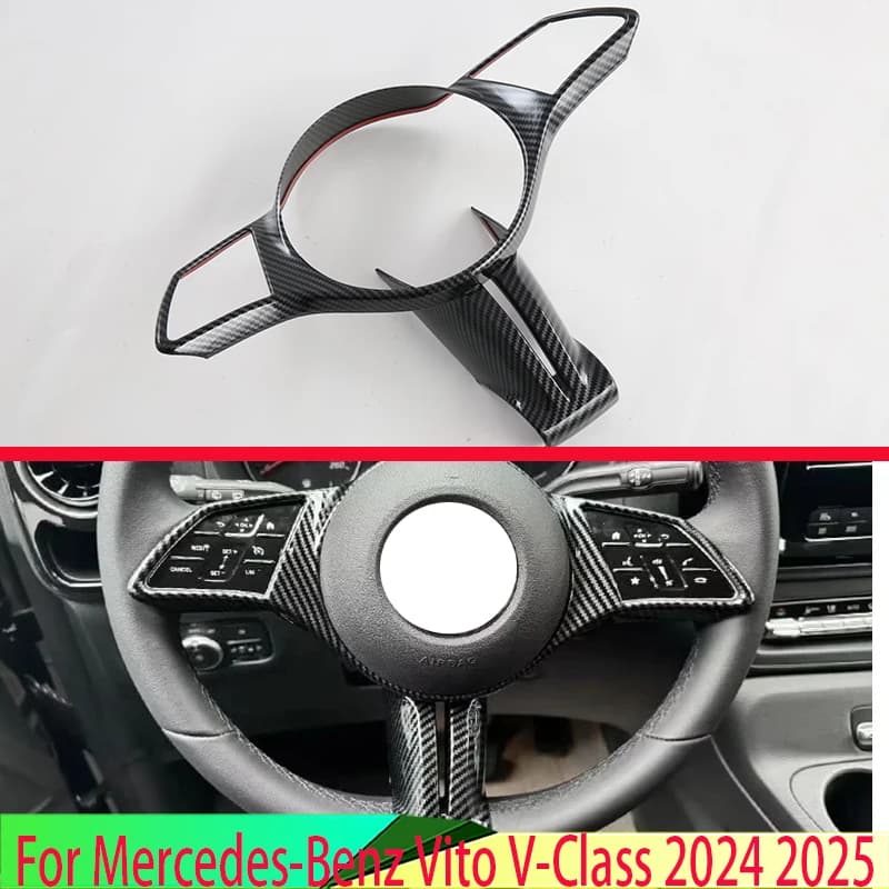 Per Mercedes-Benz Vito V-Class 2024 2025: Rivestimento del pannello del volante in stile fibra di carbonio, inserto decorativo con logo, modanatura e guarnizione