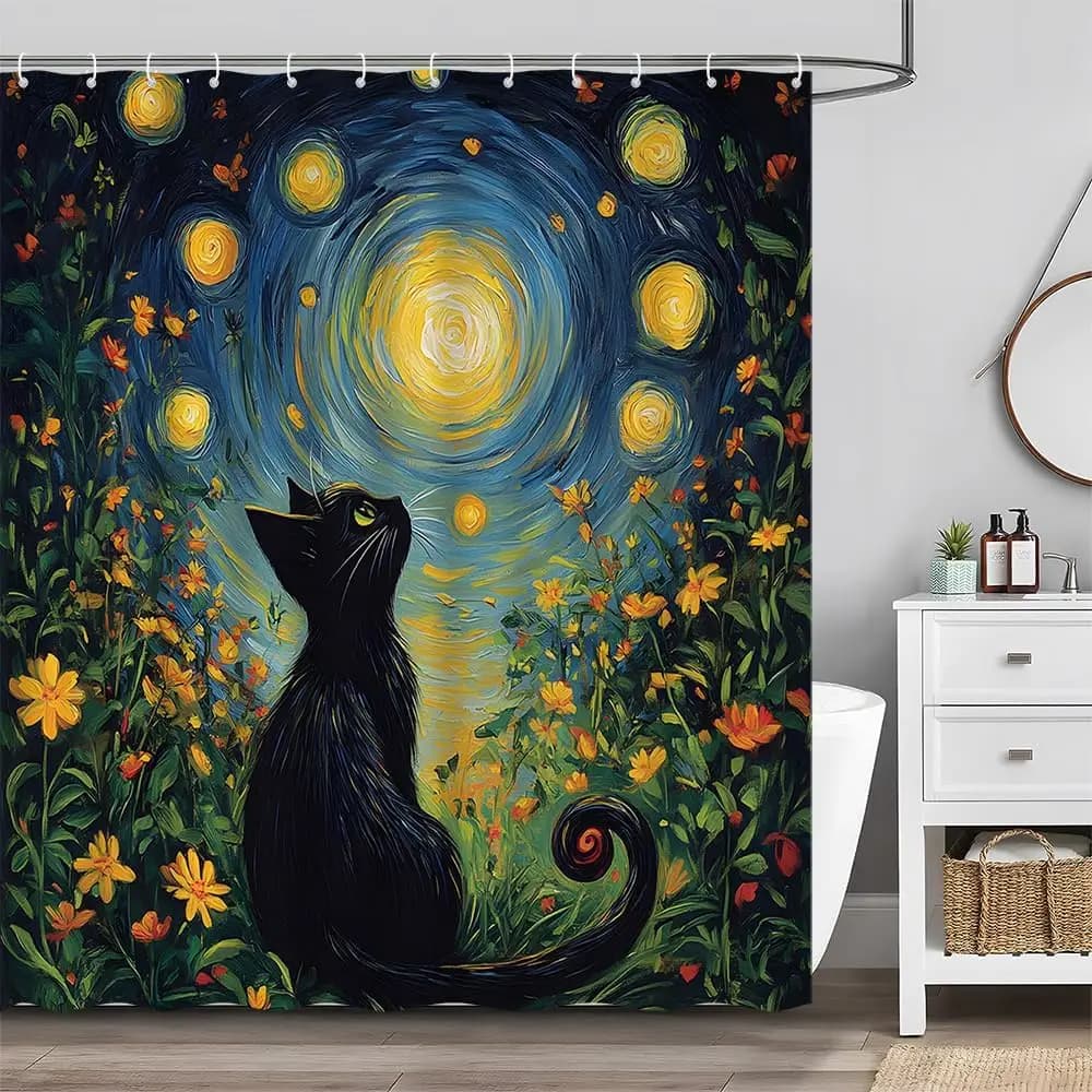 Tenda da doccia per gatti divertenti Notte stellata blu Pittura a olio astratta Arte Simpatico gattino nero Giardino rustico Fiore floreale colorato
