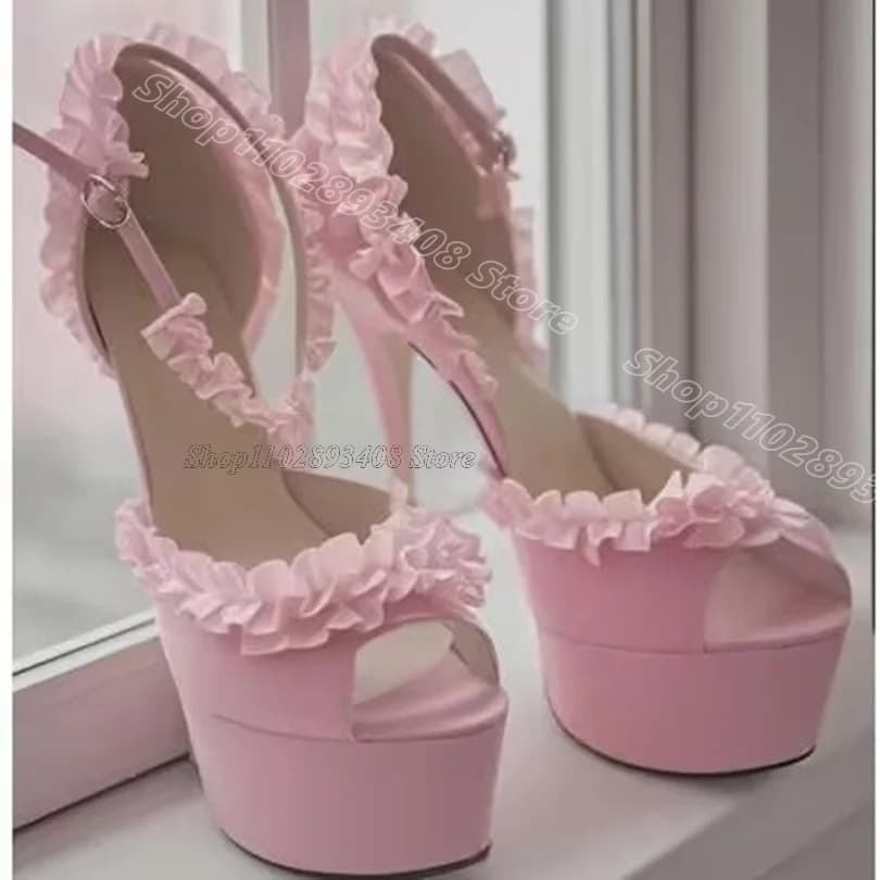 Rosa Trim Decor Sandali con plateau Stiletto Seta Fibbia alla caviglia Stile dolce Moda Donna Scarpe eleganti da festa 2025 Zapatos Para Mujere
