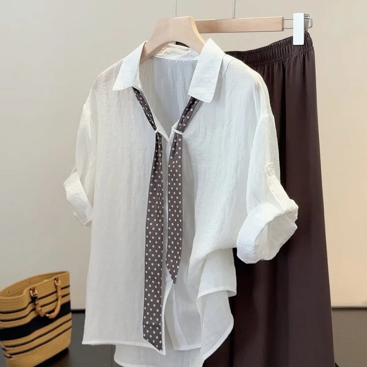French Style Loose Women's Shirt with Scarf Cuff Short Sleeve Breathable Polyester Blend Neck Pure Color Summer 2026