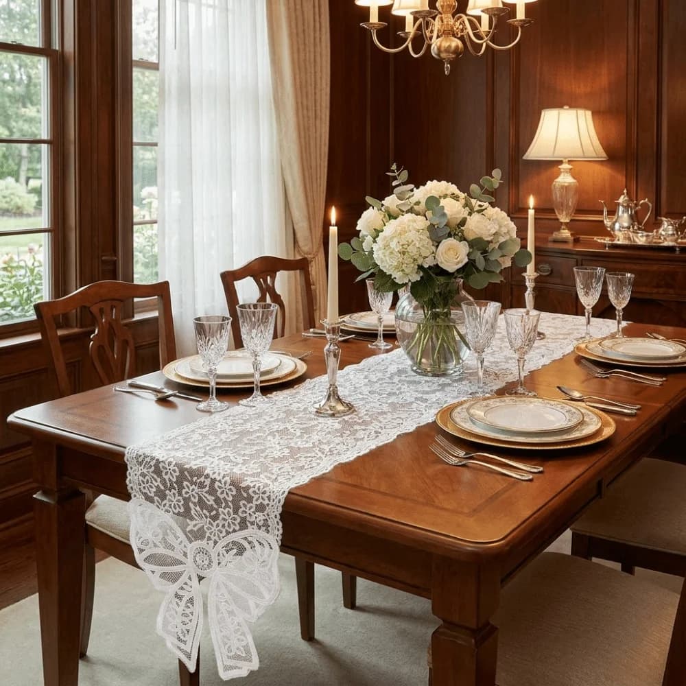 French Elegant Floral Cut-Out Lace Table Runner Romantic Long Strip Table Cover Bow Trim Vintage Table Flag Party