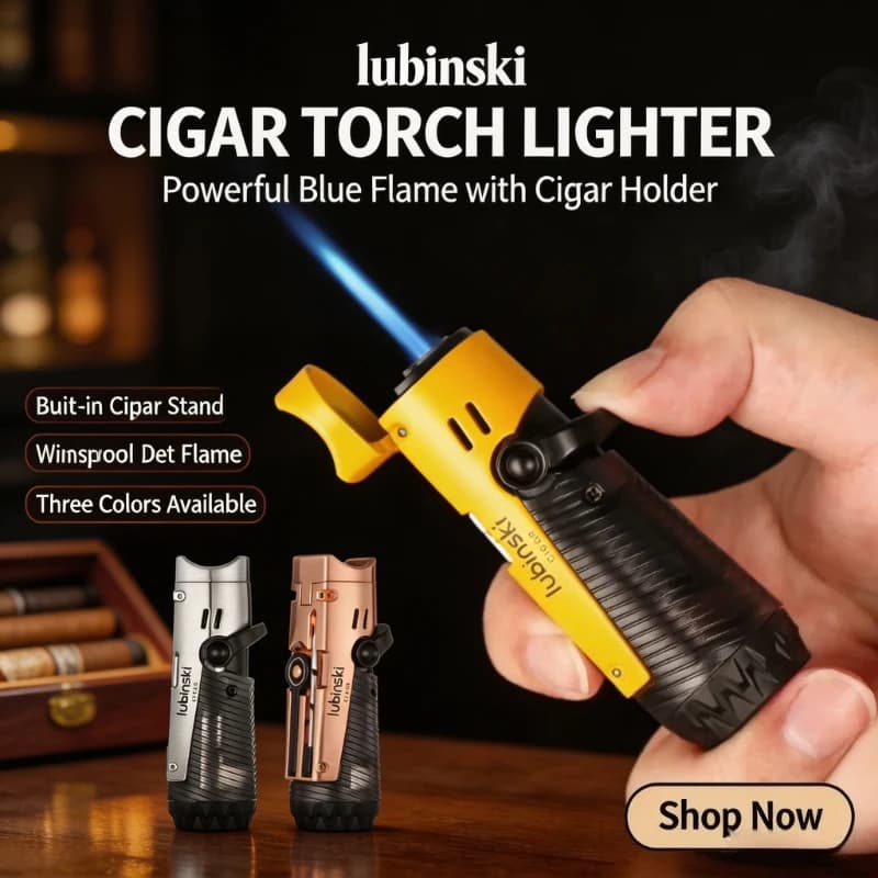 LUBINSKI Torch Lighter With Cigar Punch Cutter, Cigar Needles Dridge Tool, Mini Pocket Cigar Lighter for Smoking Enthusiasts