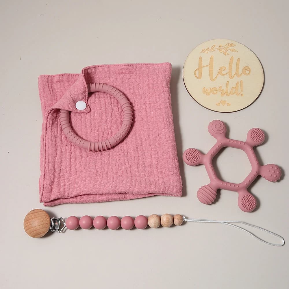 VENDITA CALDA 100% mussola di cotone per bambini, asciugamano confortante, ciuccio in silicone, catena, timone, set massaggiagengive