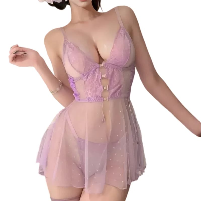 Temptation Flirtatious Sweet Sleeveless Suspender Dress Backless Sexy Polka Dot Perspective Mesh Nightgown Lace Lingerie Women's