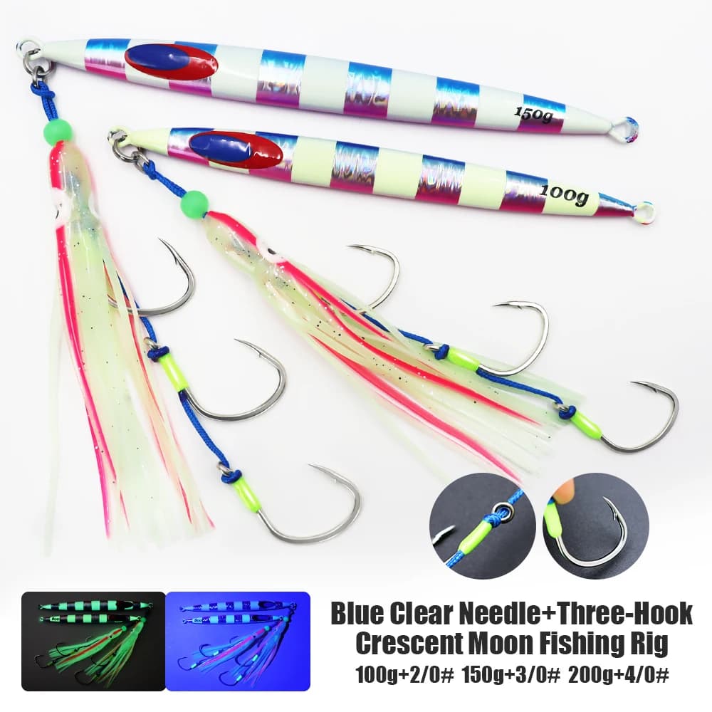 ZYZHE 1pc Sea Fishing Pencil Bait JIG 100g 150g 200g with Luminous Squid String Hook Deep Sea Fishing Lure Fakebait Tackle