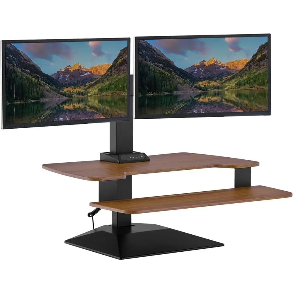 Convertitore per Scrivania Elettrica Regolabile in Altezza Tutto-in-Uno con Porte USB - Ideale per Casa o Ufficio - Supporto per Doppio Monitor (Noce)