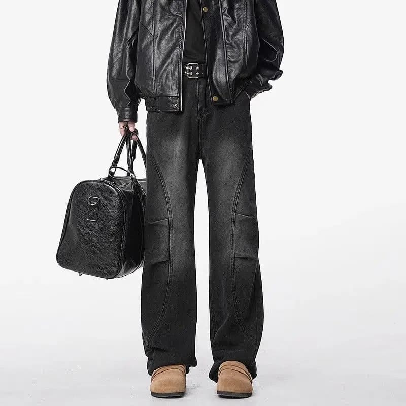 Men High Waist Stitch Decor Multi Pocket Loose Straight Wide Leg Denim Jeans