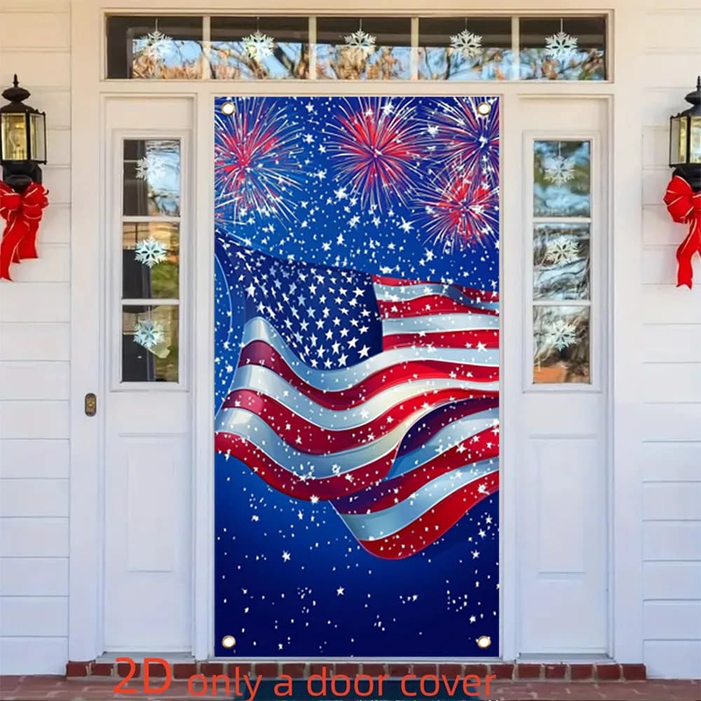 2D door banner 1 piece, Day of the Dead Independence Day flag, firework background theme door curtain