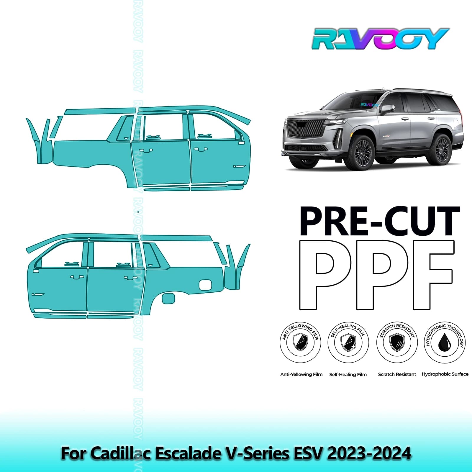 For Cadillac Escalade V-Series ESV 2023-2024 8.5mil Transparent Opaco Pre-Cut PPF Door and Kit Pillar A/B Protection Film TPU Set