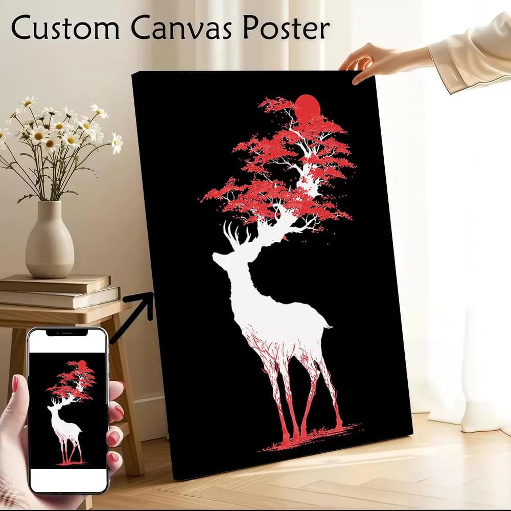 White Deer With Red Tree Antlers Printed Canvas Poster Personalized High Quality Wall Art Paintings for Living Room Decoration