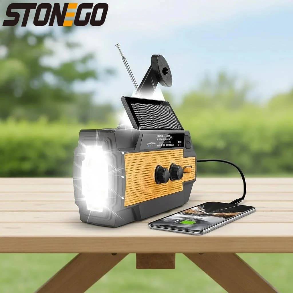 Radio Portatile di Emergenza a Manovella 4000mAh, Radio Meteo AM/FM/NOAA Solare con Manovella, Torcia 1W, Caricatore Telefono, Allarme SOS