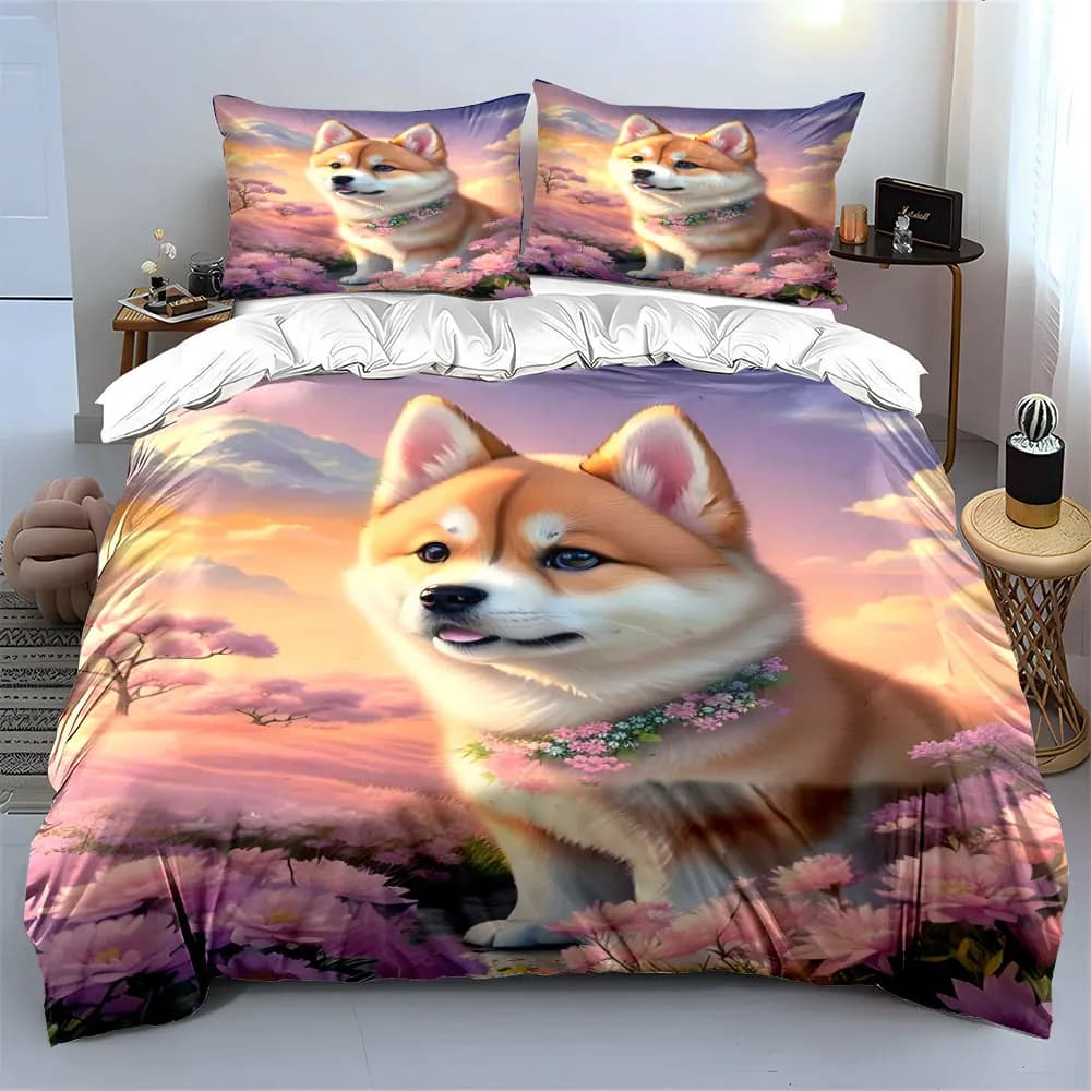 Set di biancheria da letto morbida e delicata sulla pelle con decorazioni floreali a tema cani, include 1 copripiumino e 2 federe, idea regalo