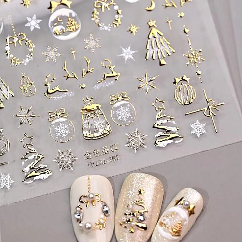 5D Abbronzante Oro Natale Nail Art Sticker Oro/Argento/Rosa Fiocco di neve Alce Pupazzo di neve Ghirlanda di Natale Decalcomania per unghie Festival Unghie Slider #