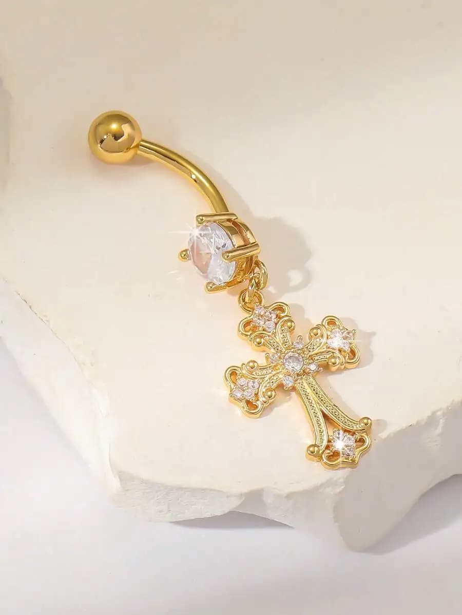 Anello da ombelico a croce placcato oro con cristallo ovale e strass scintillanti, ideale per occasioni quotidiane, feste o spiaggia