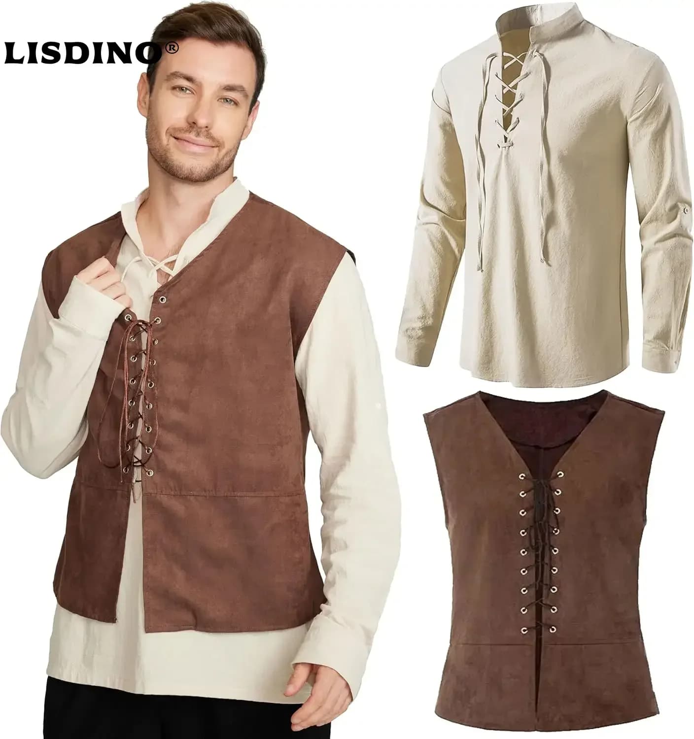 2-piece Set Men's Medieval Pirate Vest Long Sleeve Shirt Medieval Renaissance Costume Lace Up Vest Gothic Shirt