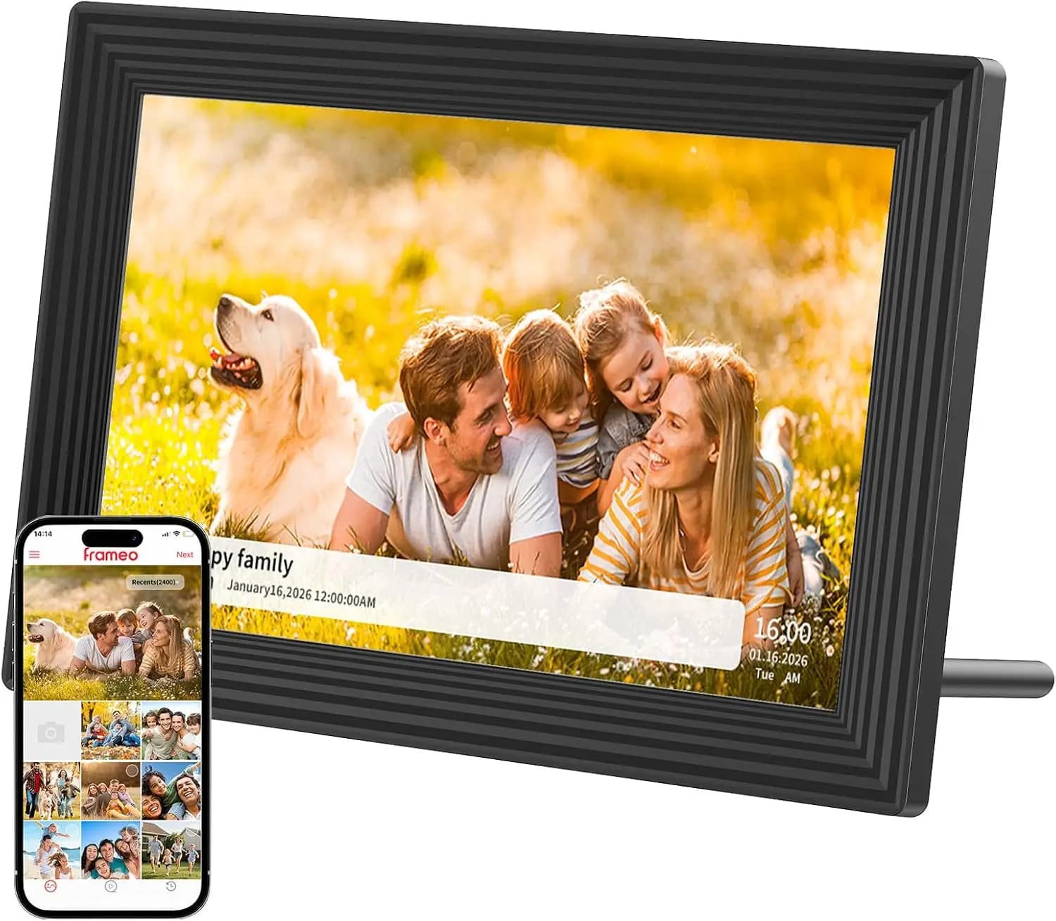 Cornice digitale da 10,1 pollici, schermo touch IPS 1280x800, 16GB, condivisione foto tramite l'app Frameo, regalo perfetto per la famiglia