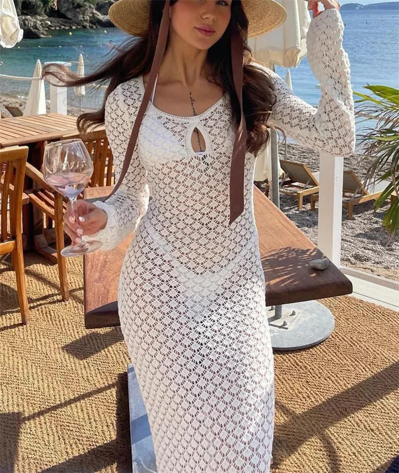 Abito da spiaggia aderente con fasciatura a maniche lunghe sexy da donna, bikini lavorato a maglia all'uncinetto, copricostume con protezione solare