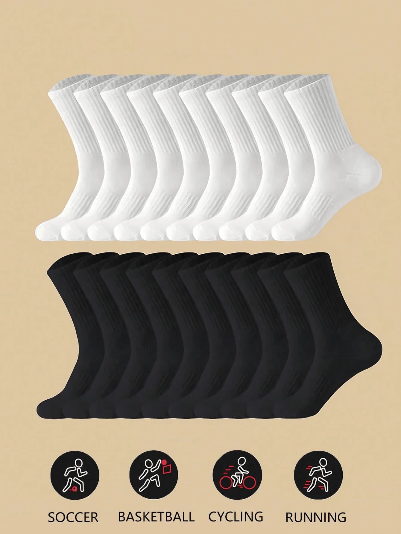 20 white and black sports socks for racing, cycling, basketball, football, comfortable and breathable