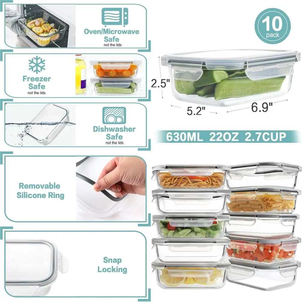 Set di 10 contenitori per la preparazione dei pasti in vetro da 22 once con coperchi, contenitori per il pranzo ermetici, a prova di perdite, senza BPA (grigio)