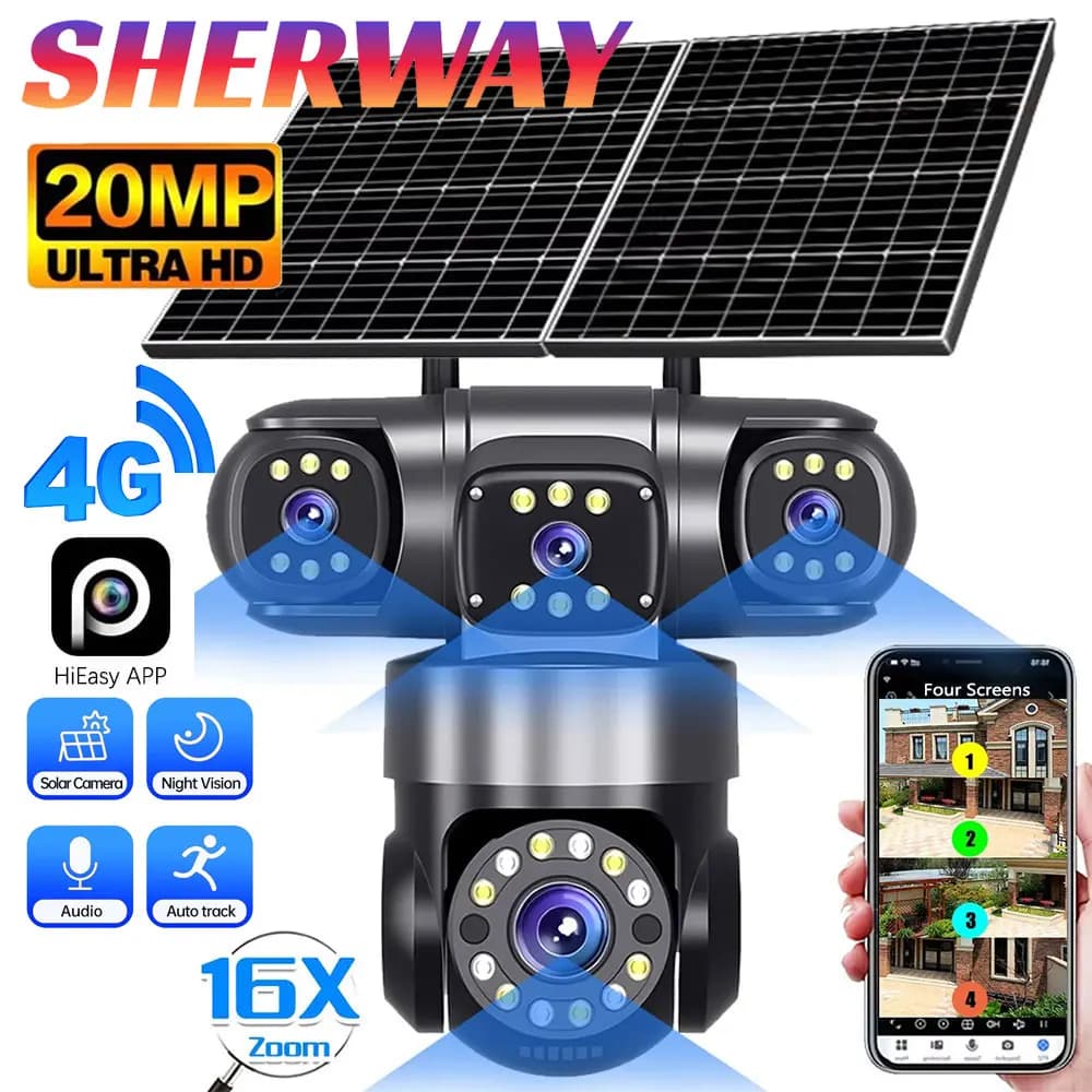 Telecamera Solare 20MP 4G con SIM, 4 Lenti, 4 Schermi, Zoom 16X, Rilevamento Umano PIR, Impermeabile, Visione Notturna, Sicurezza CCTV