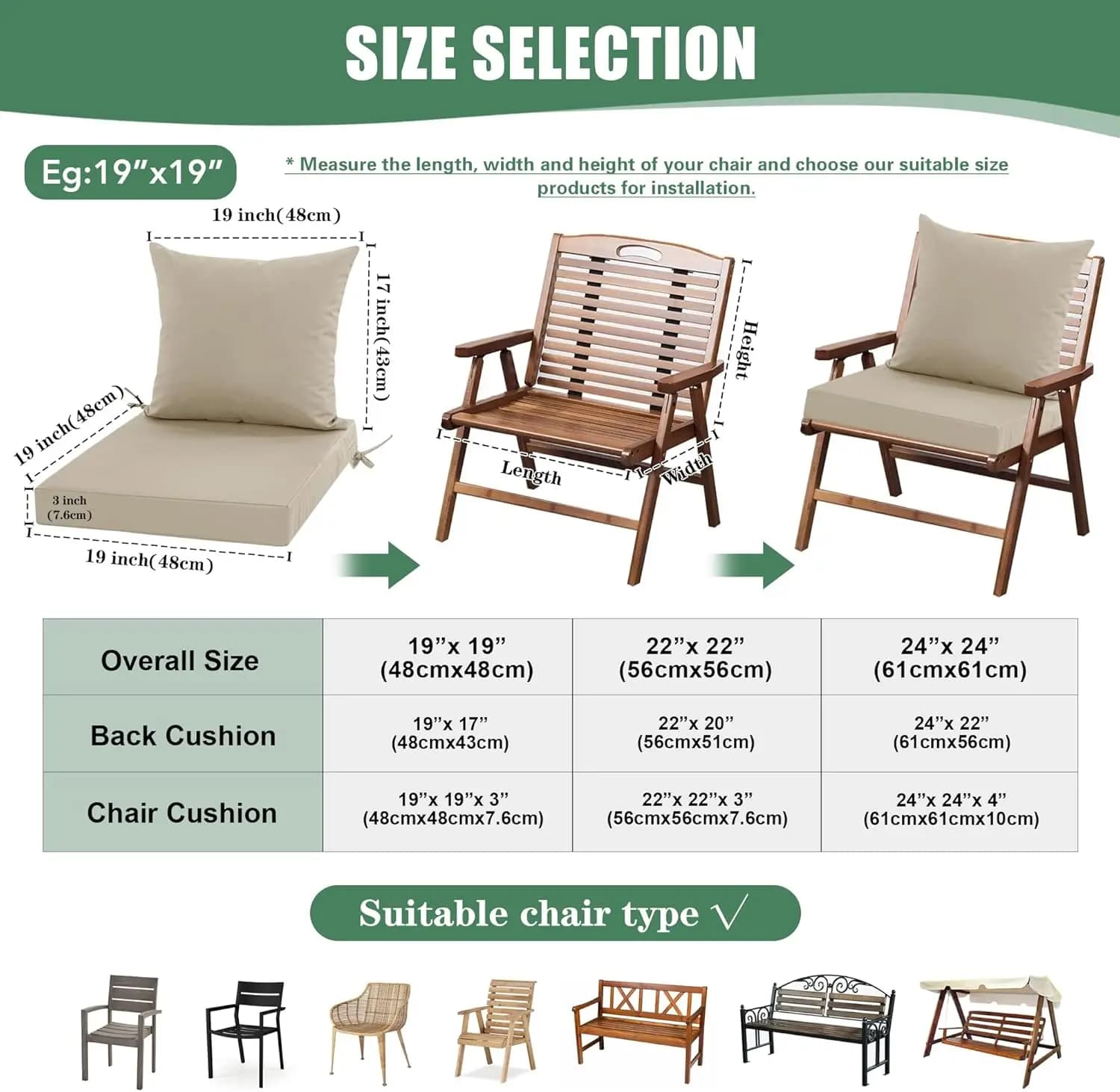 Outdoor chairs cushions, waterproof backrest and pillow set for deep seats, spare cushions for sofas, 24 x 24 inch, cream, 1 set