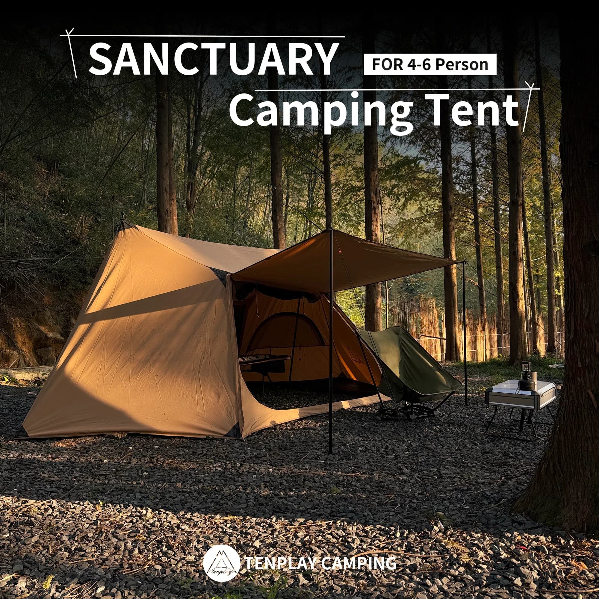 Tenplay Hexagonal Bell Tent for 4-6 persons, cotton canvas camping tent with double door waterproof outdoor tent with stove jack