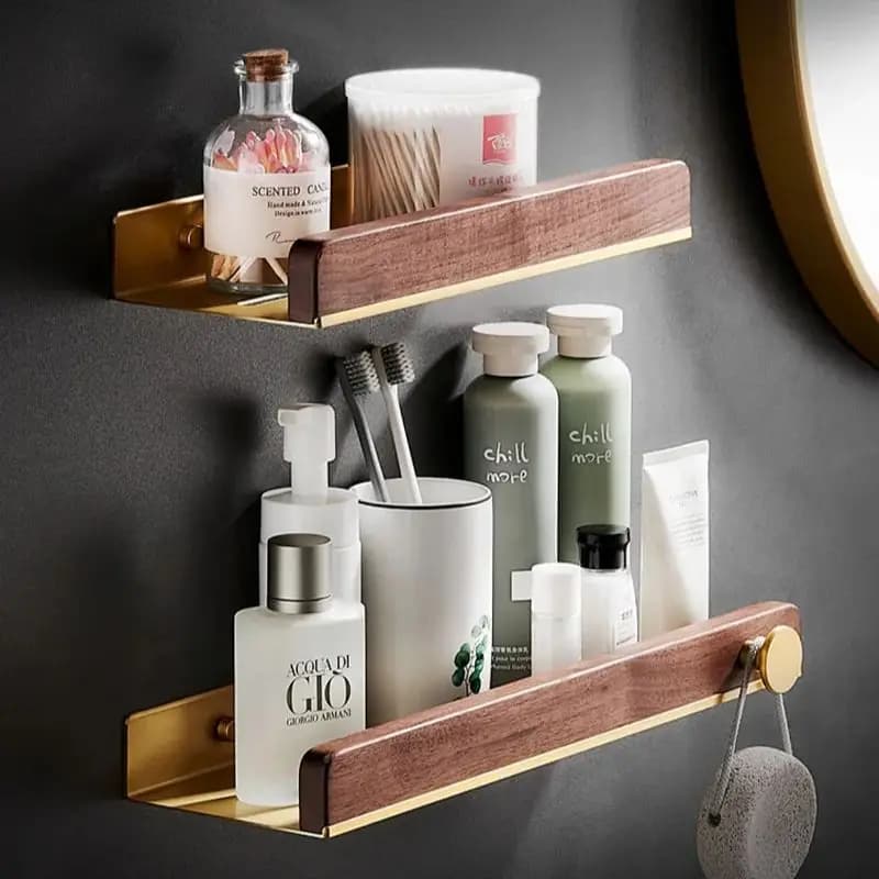 Mensola angolare da bagno in oro spazzolato da 30-50 cm, doccia a parete, WC, portaoggetti per cosmetici in legno di noce, con asta a gancio