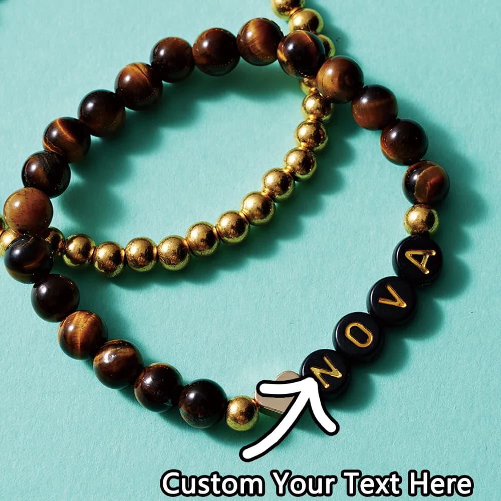 Custom 1 piece bracelet: custom engraved name, tiger eye and golden beads, timeless design, DIY, laser etched, ideal for everyday